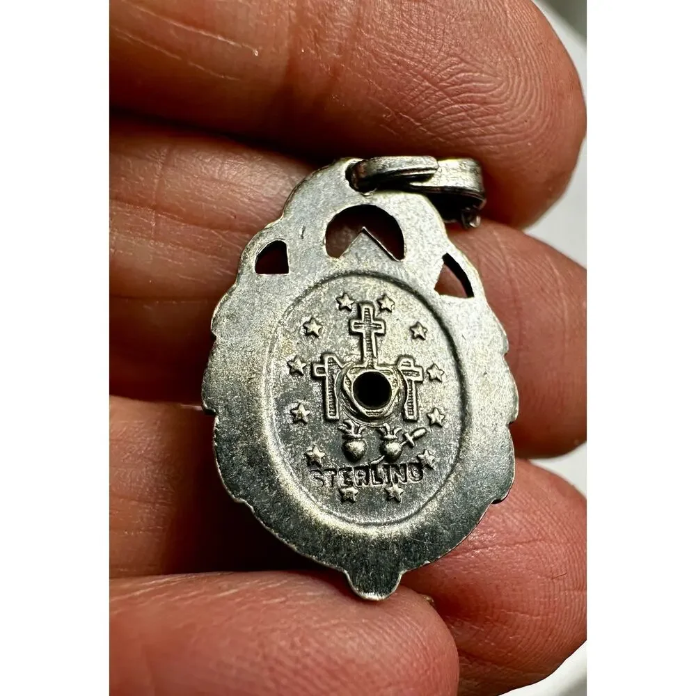 Vintage Marvel Sterling Silver Miraculous Medal Necklace Marcasite Pendant 16